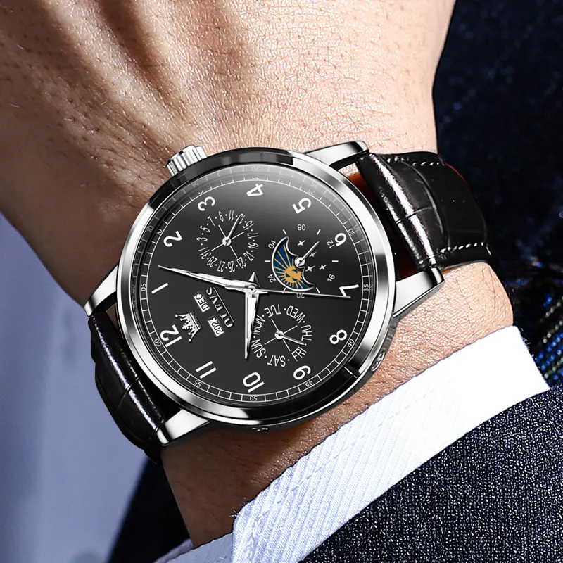 OLEVS Wisdom Series Mechanical Movement Leather Watch Bands Watch Men's Watches Black Dial-5