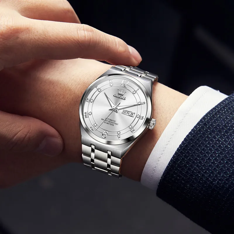 OLEVS Mechanical Movement Stainless Steel Watchband Watch Men's Watches White Dial-2