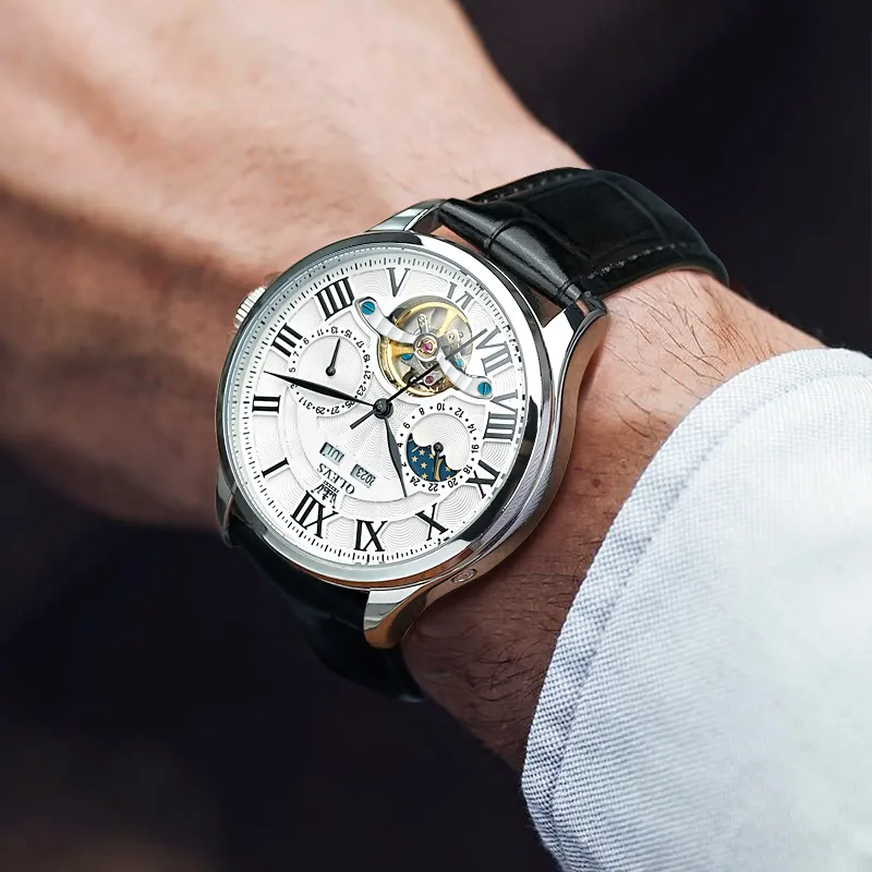 OLEVS Automatic Mechanical Movement Leather Strap Watch Men's Watches White Dial-5