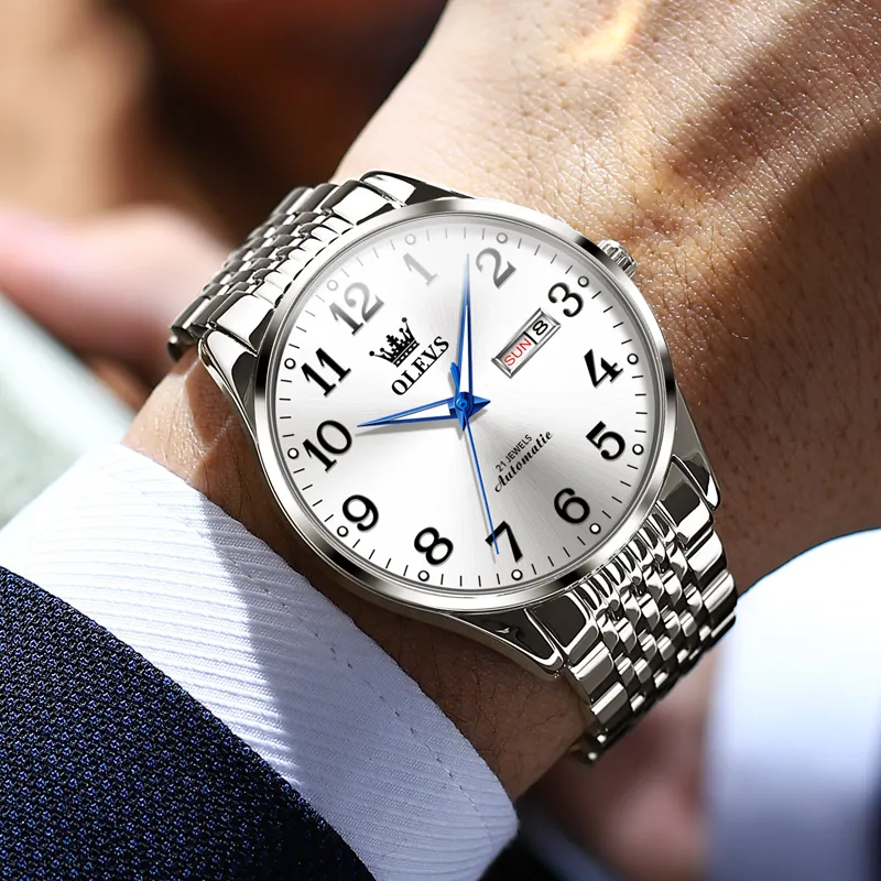 OLEVS Mechanical Movement Stainless Steel Watchband Watch Men's Watches White Dial-1