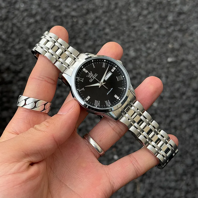OLEVS Minimalist Series Mechanical Movement Stainless Steel Watchband Watch Men's Watches Black Dial-3