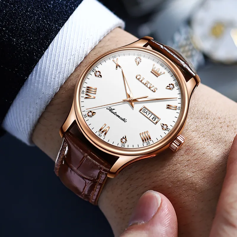 OLEVS Automatic Mechanical Movement Leather Strap Watch Men's Watches White Dial-3