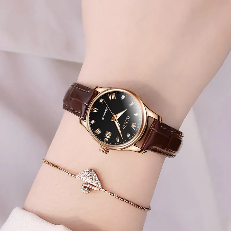 OLEVS Automatic Mechanical Movement Leather Strap Watch Women's Watch White Dial-17