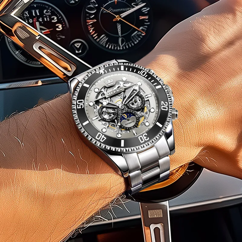 OLEVS Play The Cool Series Mechanical Movement Stainless Steel Watchband Watch Men's Watches Black Dial-17