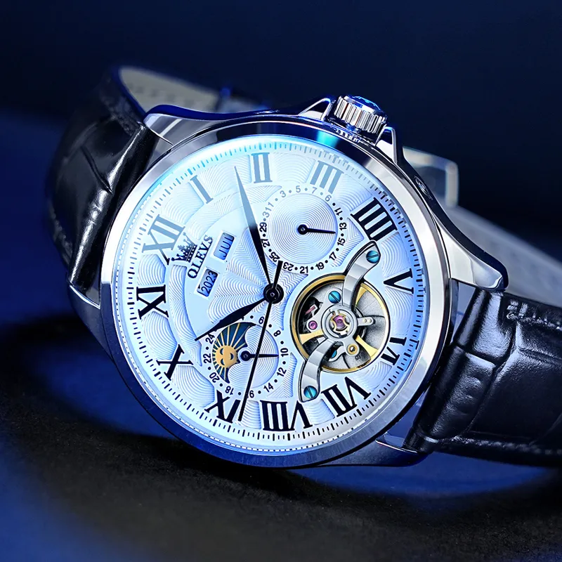 OLEVS Automatic Mechanical Movement Leather Strap Watch Men's Watches White Dial-3