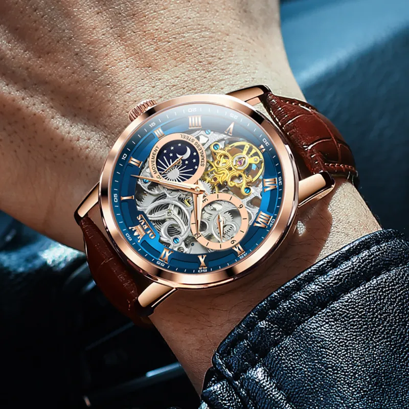OLEVS Play The Cool Series Mechanical Movement Leather Watch Bands Watch Men's Watches Black Dial-11