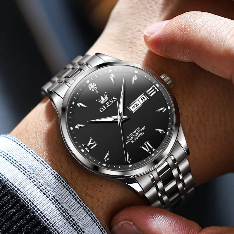 OLEVS Automatic Mechanical Movement Stainless Steel Watchband Watch Men's Watches Black Dial-2