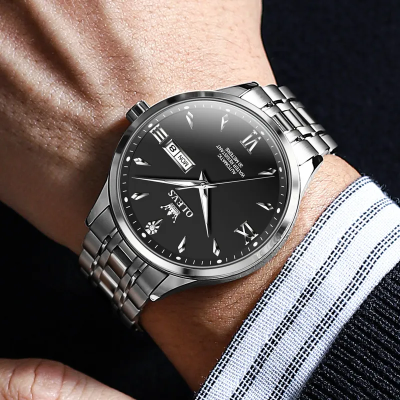 OLEVS Automatic Mechanical Movement Stainless Steel Watchband Watch Men's Watches Black Dial-1