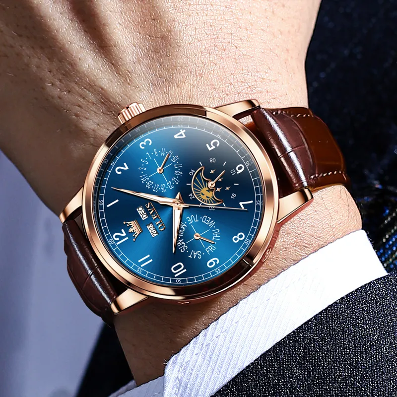 OLEVS Wisdom Series Mechanical Movement Leather Watch Bands Watch Men's Watches Black Dial-13