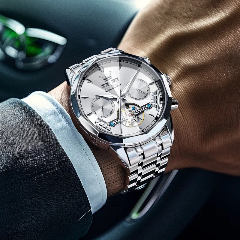 OLEVS Play The Cool Series Mechanical Movement Stainless Steel Watchband Watch Men's Watches Black Dial-7