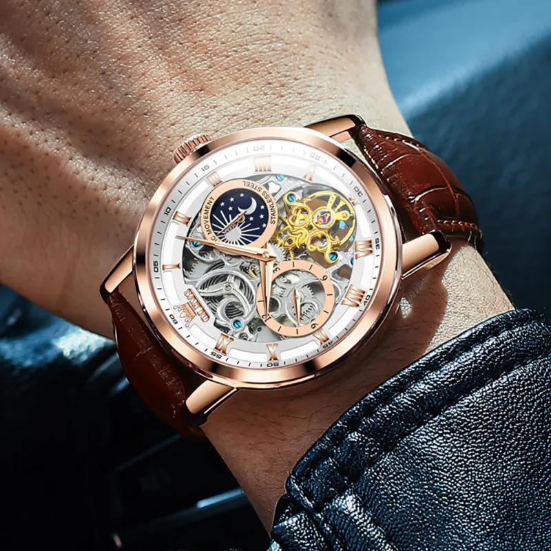 OLEVS Play The Cool Series Mechanical Movement Leather Watch Bands Watch Men's Watches Black Dial-17