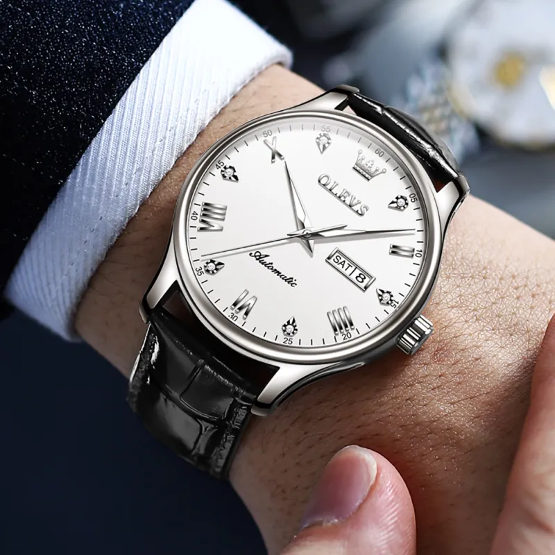 OLEVS Automatic Mechanical Movement Leather Strap Watch Men's Watches White Dial-11
