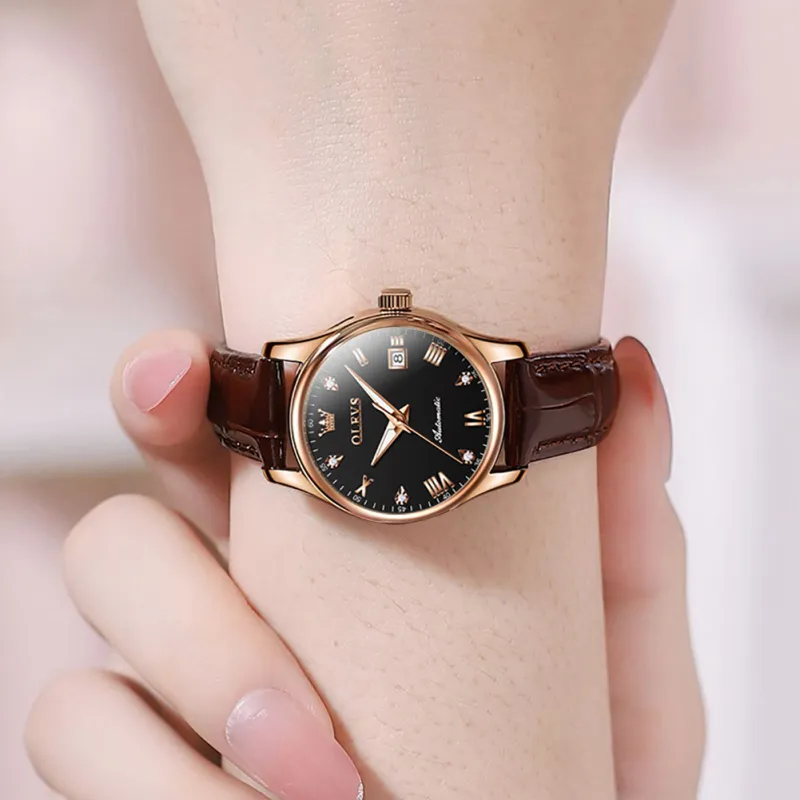OLEVS Automatic Mechanical Movement Leather Strap Watch Women's Watch White Dial-19