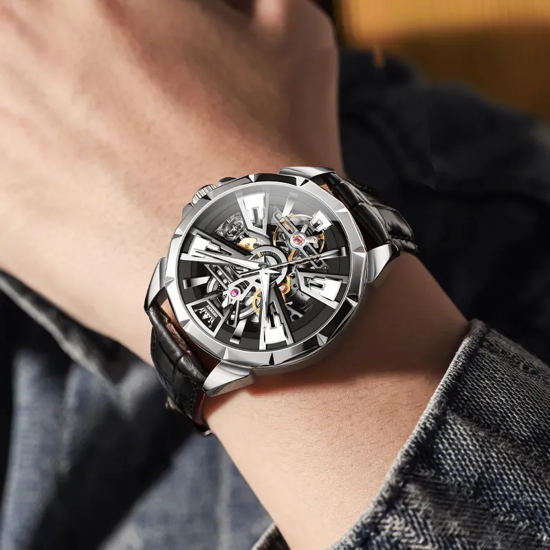 OLEVS Play The Cool Series Mechanical Movement Leather Watch Bands Watch Men's Watches Black Dial-4
