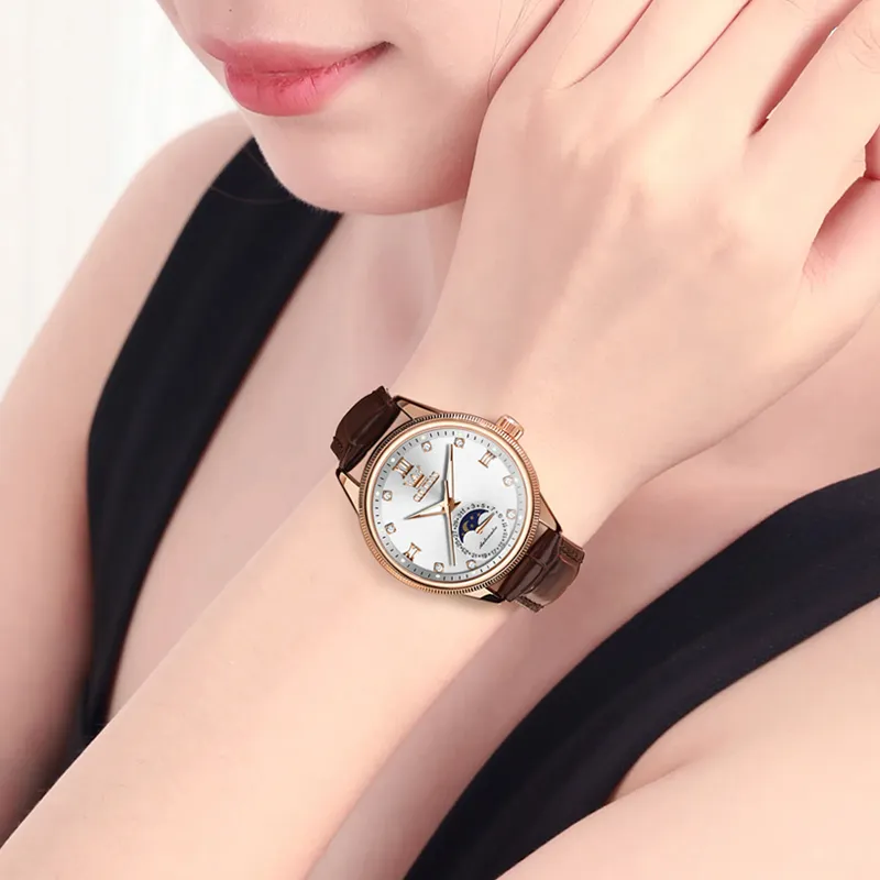 OLEVS Wisdom Series Mechanical Movement Leather Watch Bands Watch Unisex White Dial-19