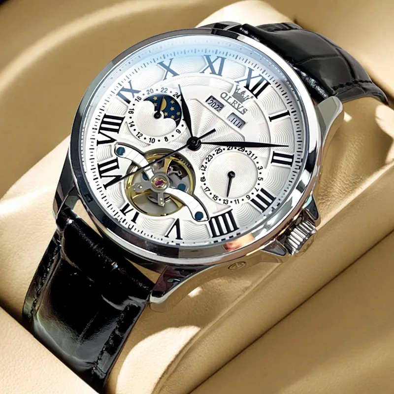 OLEVS Automatic Mechanical Movement Leather Strap Watch Men's Watches White Dial-1