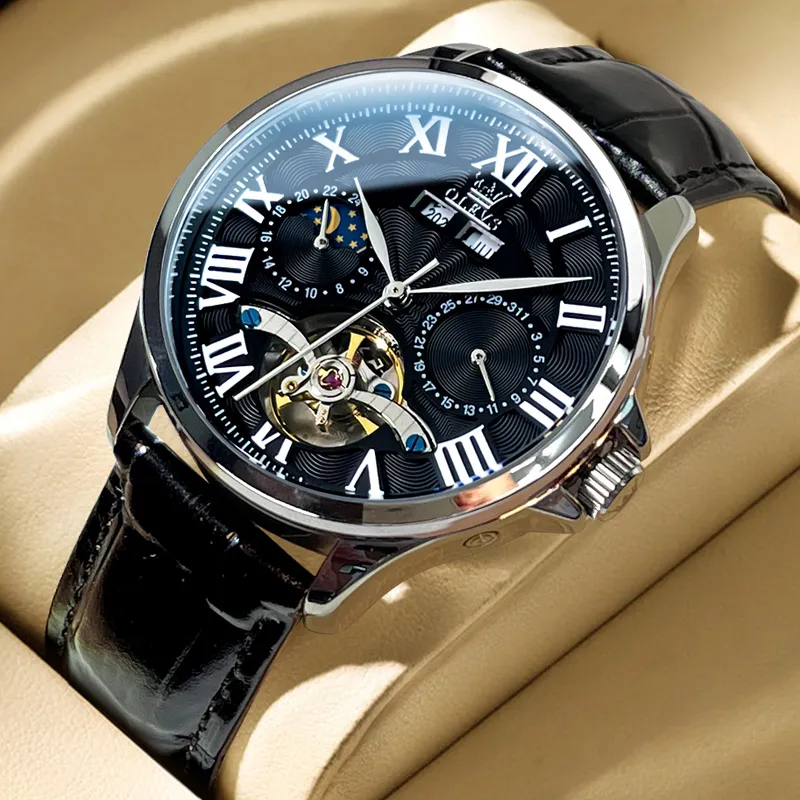 OLEVS Automatic Mechanical Movement Leather Strap Watch Men's Watches White Dial-7