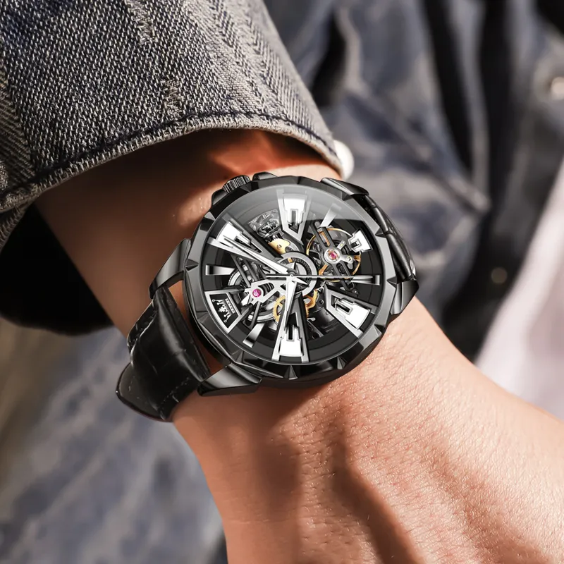 OLEVS Play The Cool Series Mechanical Movement Leather Watch Bands Watch Men's Watches Black Dial-7