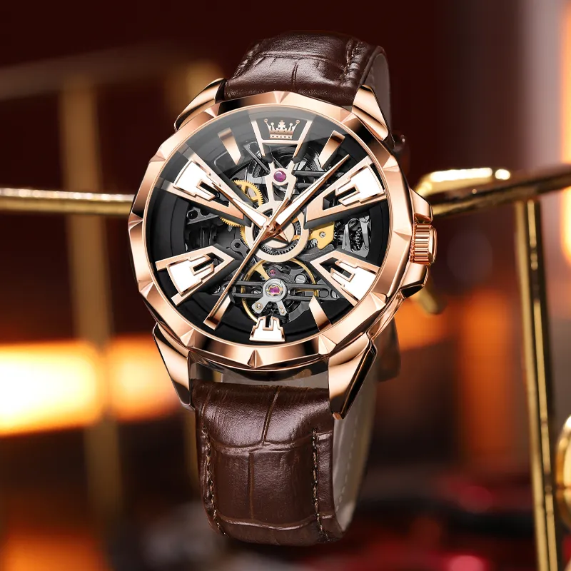 OLEVS Play The Cool Series Mechanical Movement Leather Watch Bands Watch Men's Watches Black Dial-11