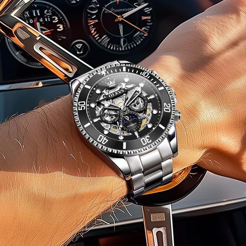 OLEVS Play The Cool Series Mechanical Movement Stainless Steel Watchband Watch Men's Watches Black Dial-2