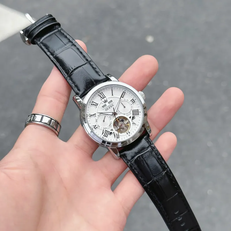 OLEVS Play The Cool Series Automatic Mechanical Movement Leather Strap Watch Men's Watches White Dial-6