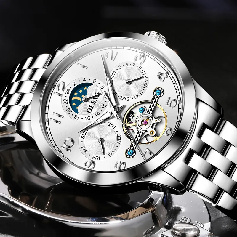 OLEVS Play The Cool Series Mechanical Movement Stainless Steel Watchband Watch Men's Watches White Dial-2