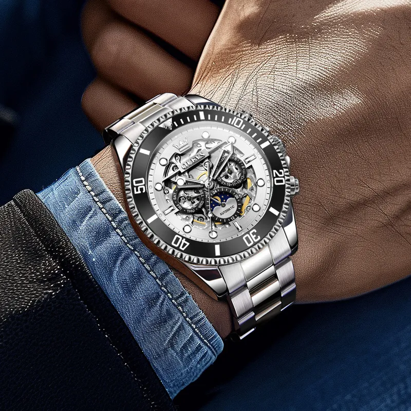 OLEVS Play The Cool Series Mechanical Movement Stainless Steel Watchband Watch Men's Watches Black Dial-8