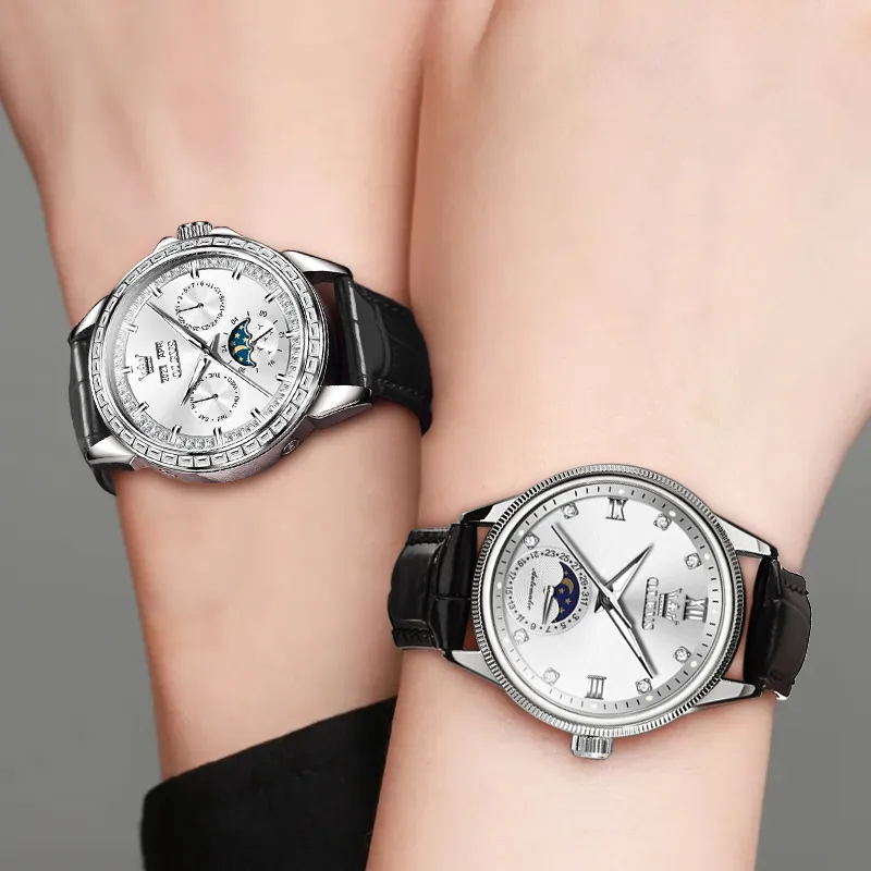 OLEVS Wisdom Series Mechanical Movement Leather Watch Bands Watch Unisex White Dial-2