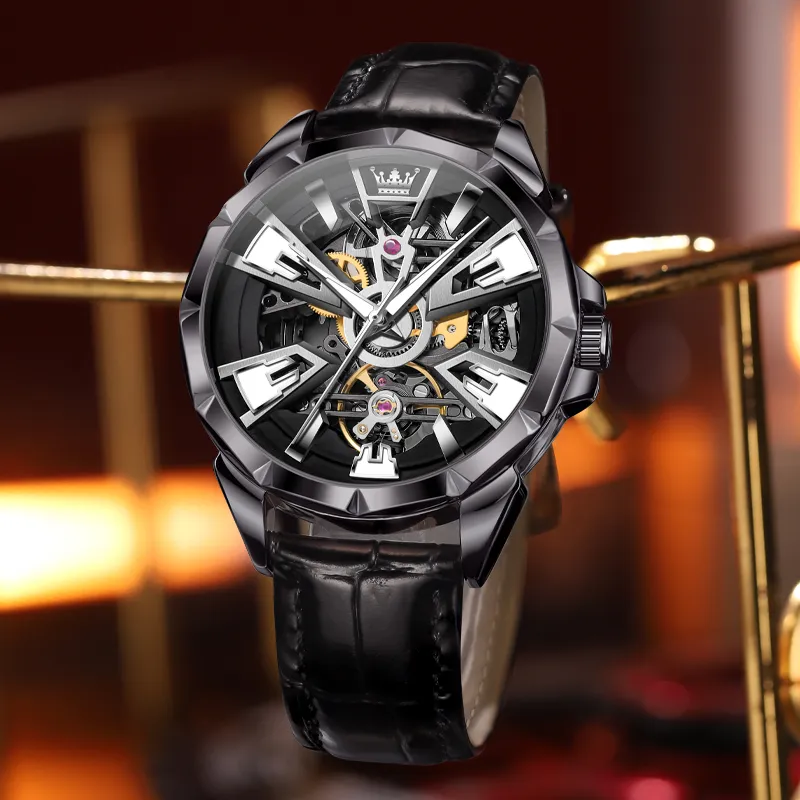 OLEVS Play The Cool Series Mechanical Movement Leather Watch Bands Watch Men's Watches Black Dial-6