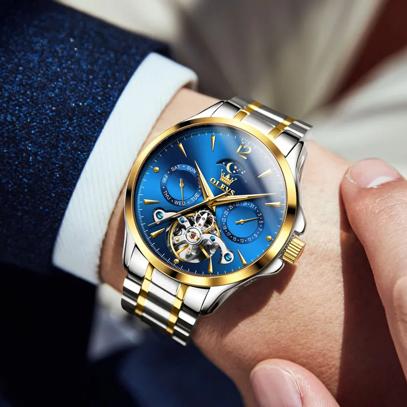 OLEVS Play The Cool Series Automatic Mechanical Movement Stainless Steel Watchband Watch Men's Watches Blue Dial-3