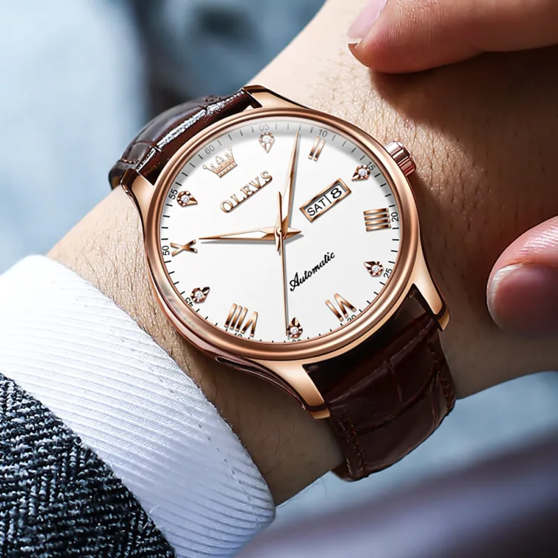 OLEVS Automatic Mechanical Movement Leather Strap Watch Men's Watches White Dial-4