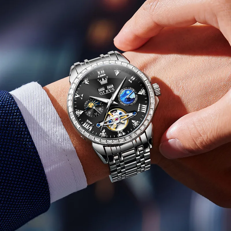 OLEVS Play The Cool Series Mechanical Movement Stainless Steel Watchband Watch Men's Watches Black Dial-2