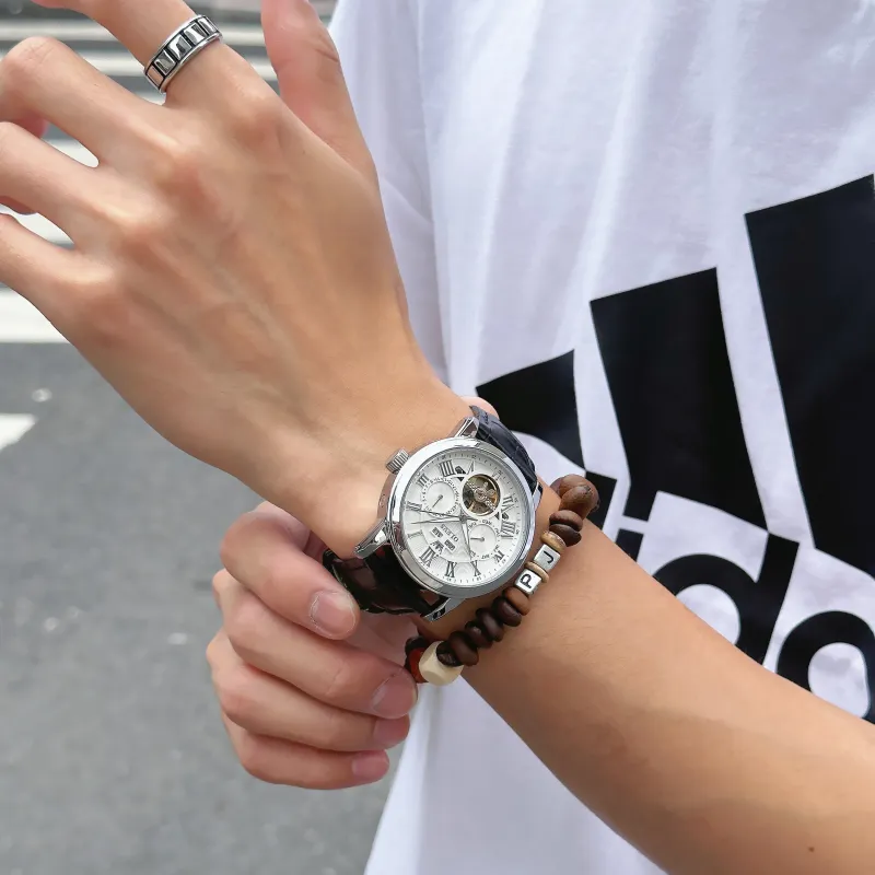 OLEVS Play The Cool Series Automatic Mechanical Movement Leather Strap Watch Men's Watches White Dial-7