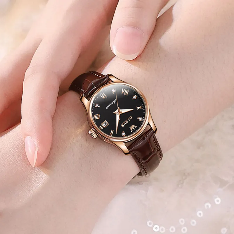 OLEVS Automatic Mechanical Movement Leather Strap Watch Women's Watch White Dial-18