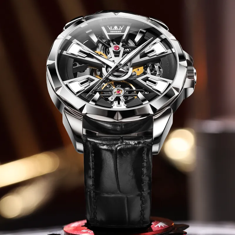 OLEVS Play The Cool Series Mechanical Movement Leather Watch Bands Watch Men's Watches Black Dial-1