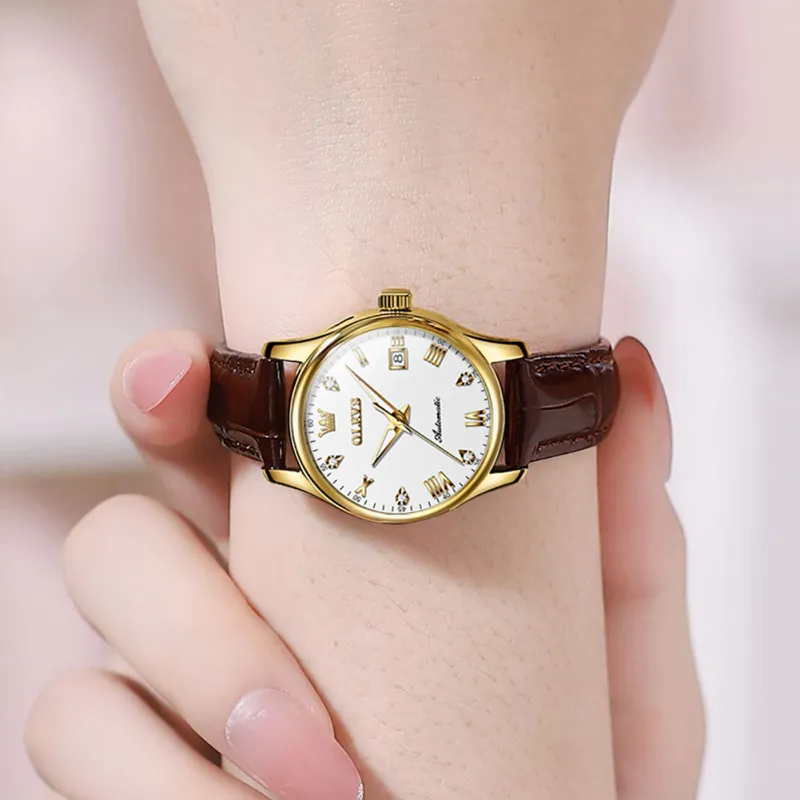 OLEVS Automatic Mechanical Movement Leather Strap Watch Women's Watch White Dial-3