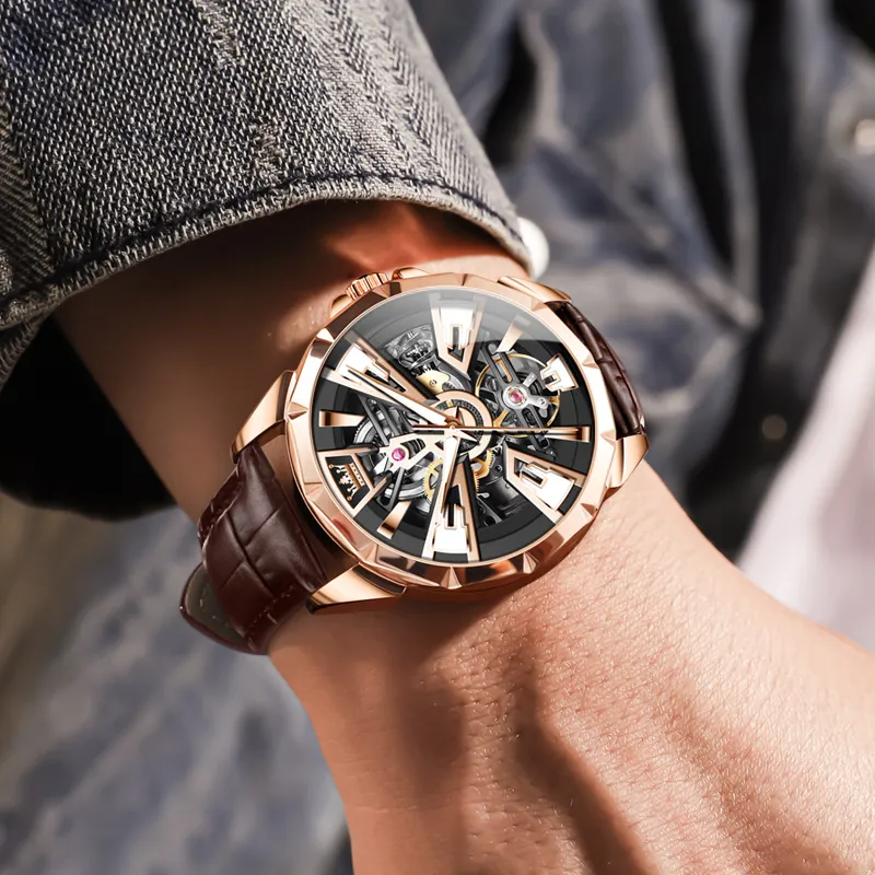 OLEVS Play The Cool Series Mechanical Movement Leather Watch Bands Watch Men's Watches Black Dial-12