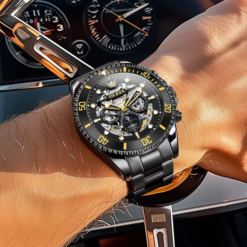 OLEVS Play The Cool Series Mechanical Movement Stainless Steel Watchband Watch Men's Watches Black Dial-22