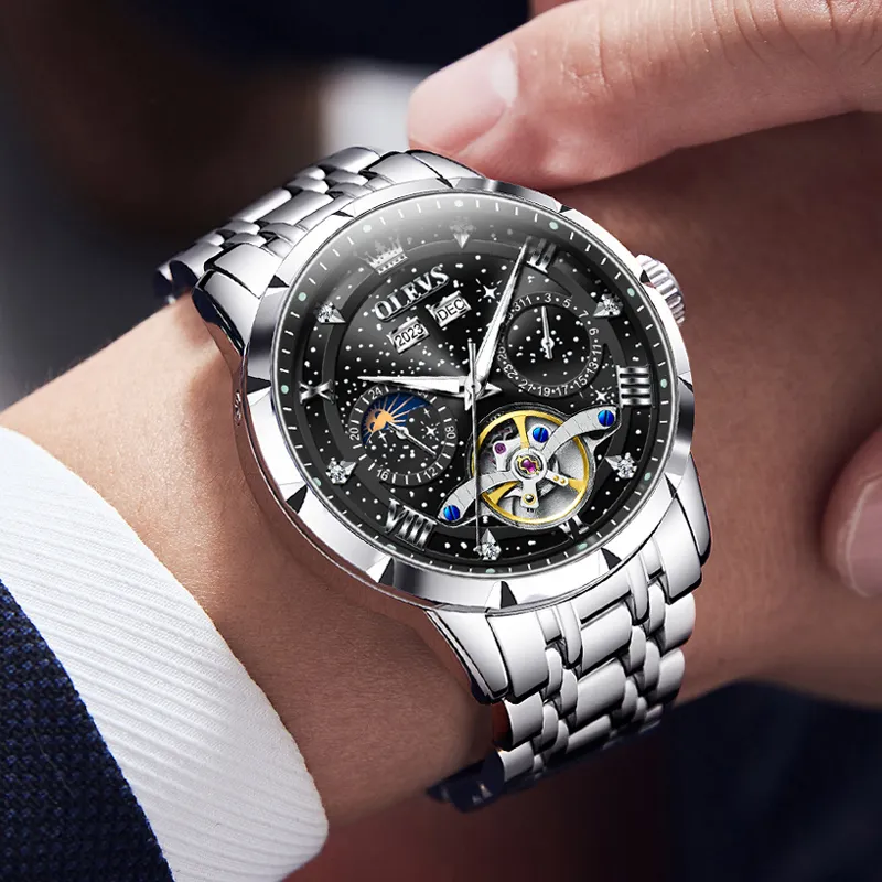 OLEVS Automatic Mechanical Movement Stainless Steel Watchband Watch Men's Watches Black Dial-16
