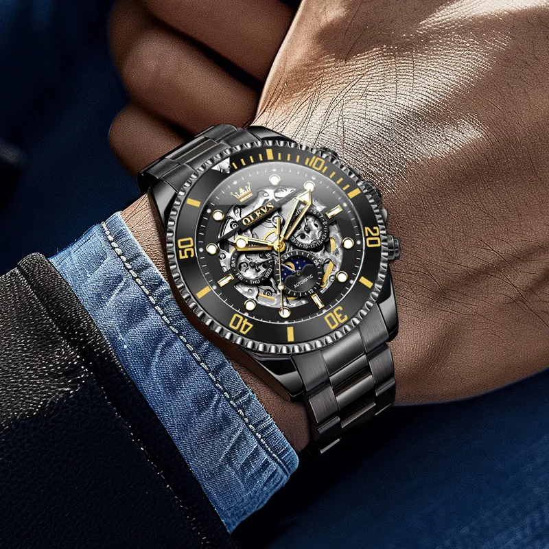 OLEVS Play The Cool Series Mechanical Movement Stainless Steel Watchband Watch Men's Watches Black Dial-23