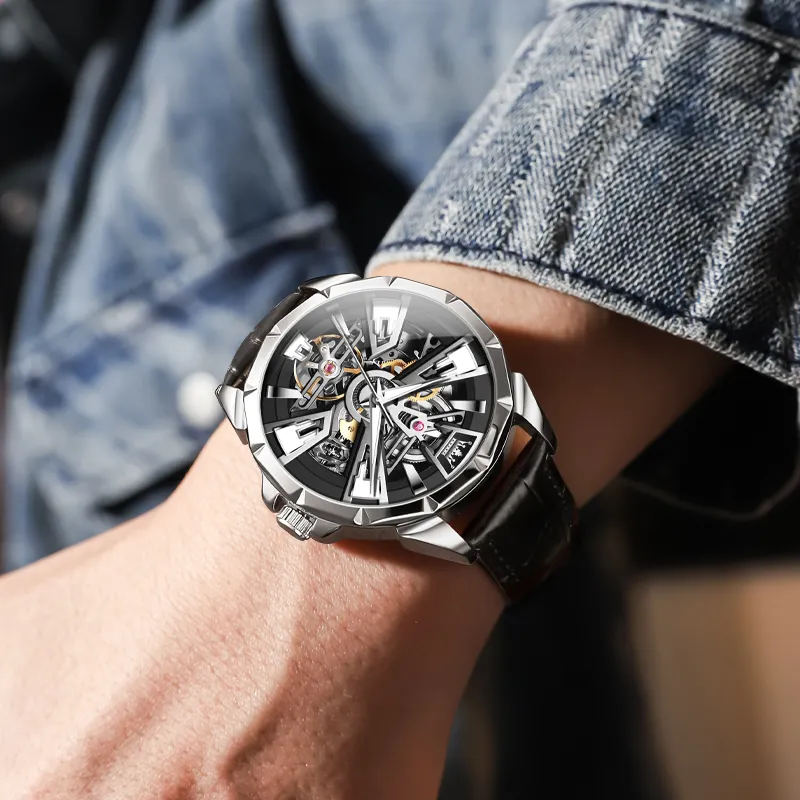 OLEVS Play The Cool Series Mechanical Movement Leather Watch Bands Watch Men's Watches Black Dial-3