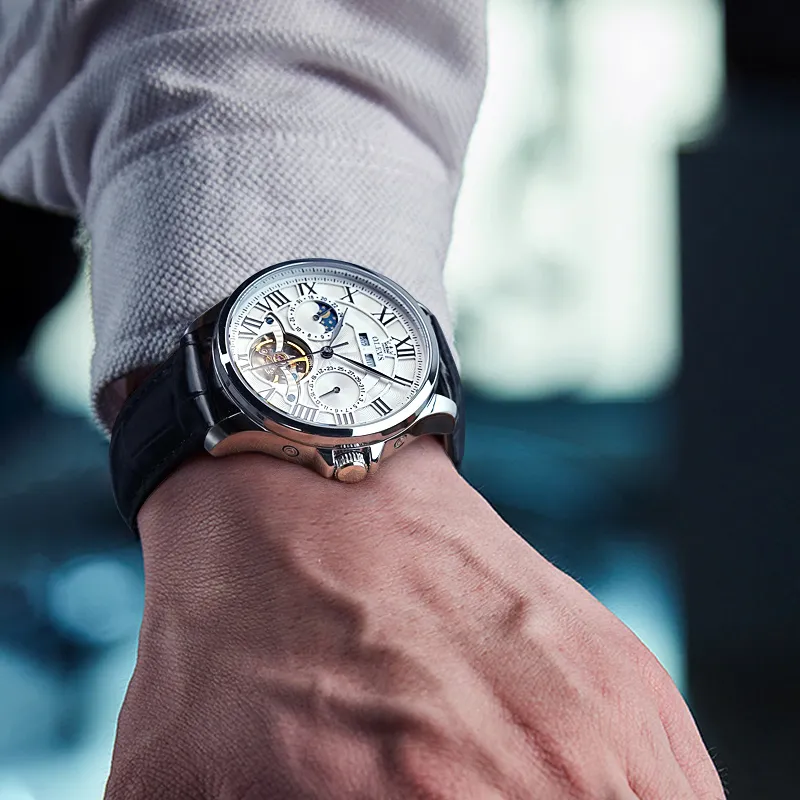 OLEVS Automatic Mechanical Movement Leather Strap Watch Men's Watches White Dial-4