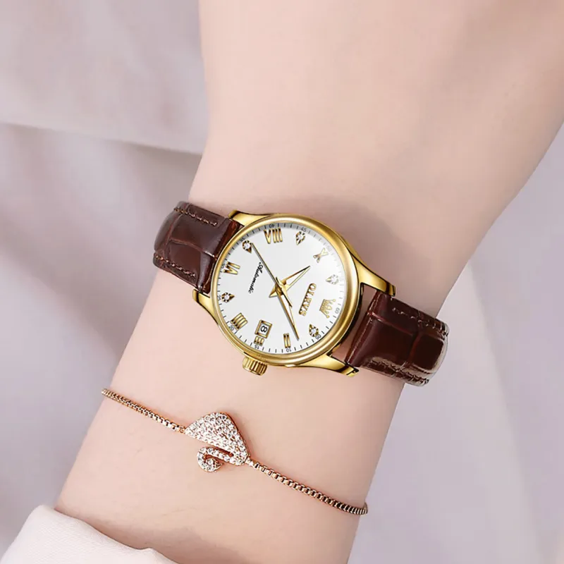 OLEVS Automatic Mechanical Movement Leather Strap Watch Women's Watch White Dial-4