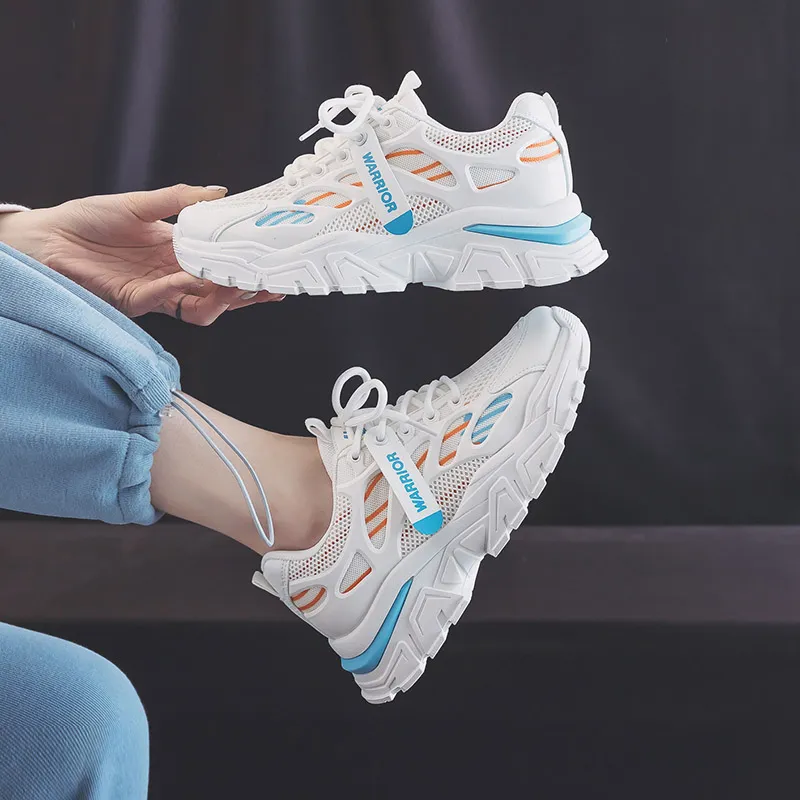 Warrior Cushioned Anti Slip Wear Resistant Breathable Lightweight Low Top Chunky Sneakers Women's White Blue-5