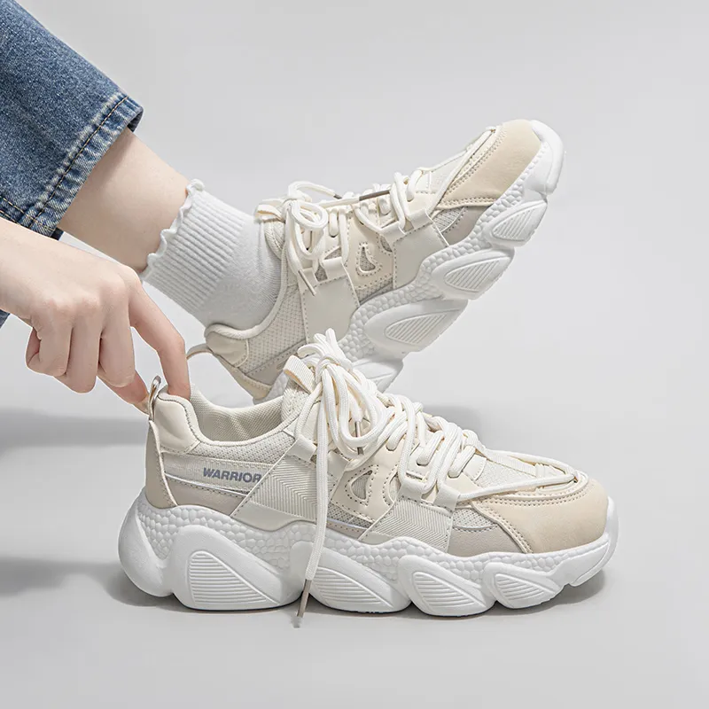 Warrior Paw Shoes Cushioned Anti Slip Wear Resistant Breathable Lightweight Low Top Chunky Sneakers Women's Beige Khaki-6