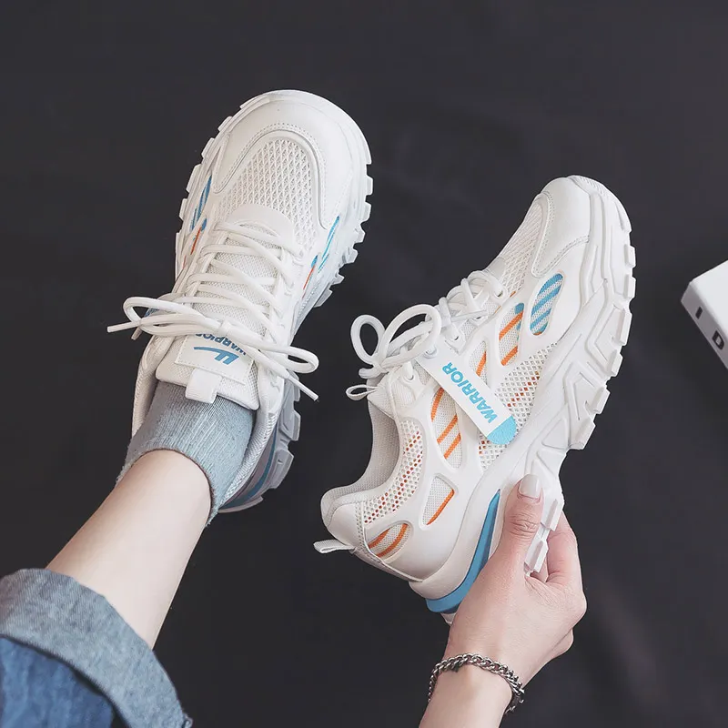Warrior Cushioned Anti Slip Wear Resistant Breathable Lightweight Low Top Chunky Sneakers Women's White Blue-4