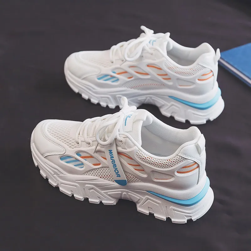 Warrior Cushioned Anti Slip Wear Resistant Breathable Lightweight Low Top Chunky Sneakers Women's White Blue-6