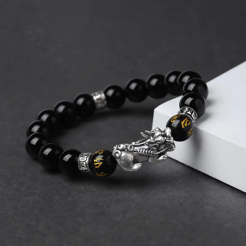Eoro Obsidian 999 Fine Silver Beaded Bracelet Men's-2