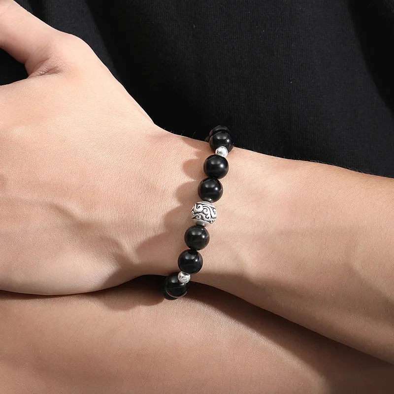 Eoro Obsidian 925 Sterling Silver Beaded Bracelet Men's-4