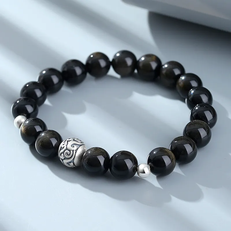 Eoro Obsidian 925 Sterling Silver Beaded Bracelet Men's-2
